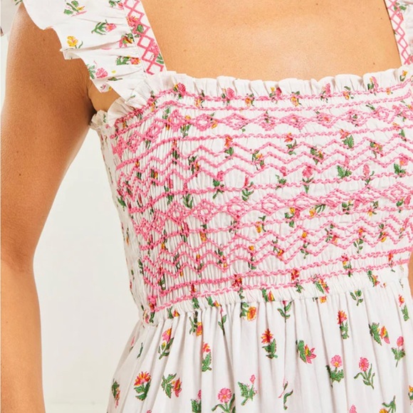 Pink City Prints Hand Smocked Sun Dress Pink Floral Flutter Sleeves Small S - Picture 3 of 7